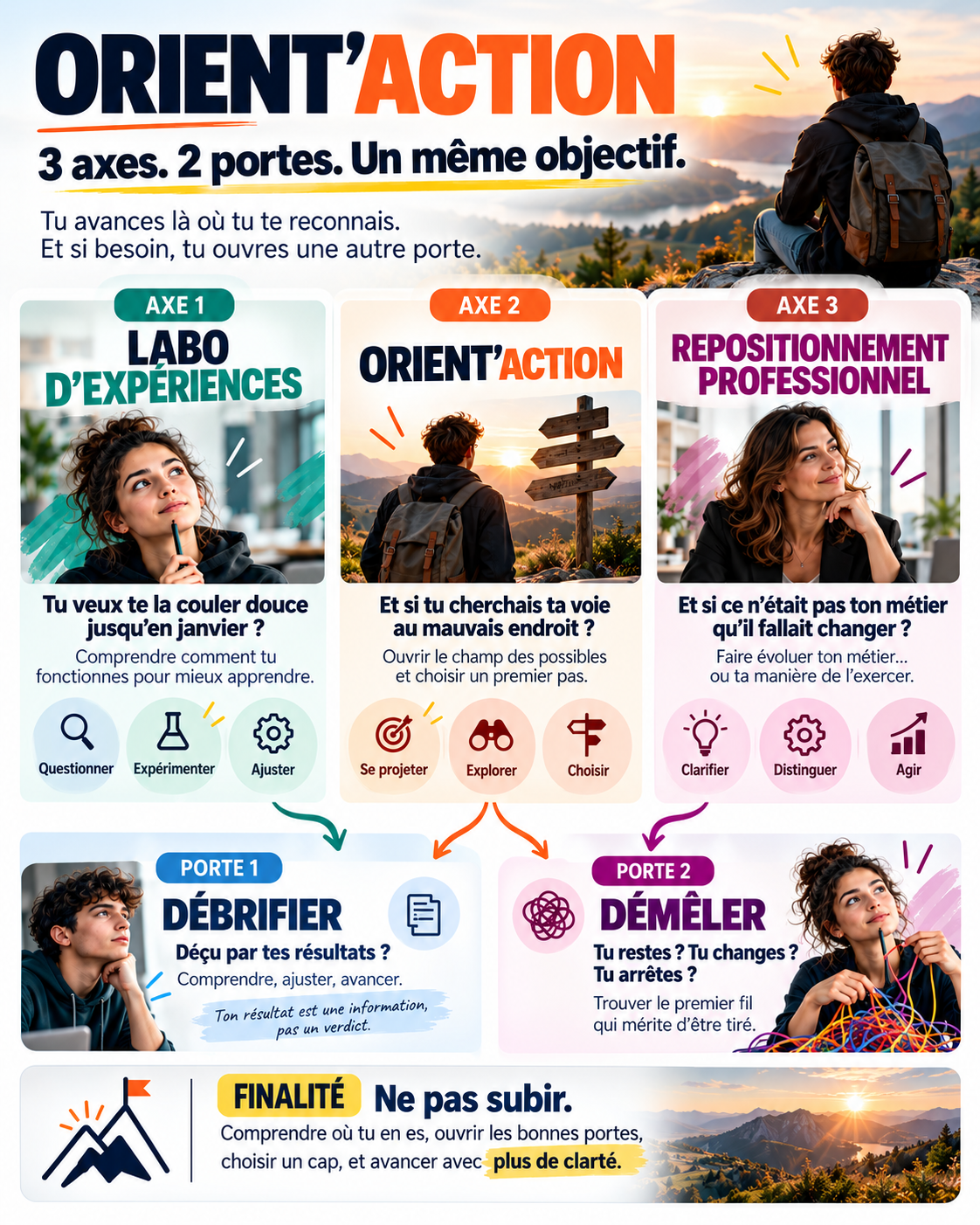 Infographie ORIENT’ACTION : trois axes, deux portes et un même objectif